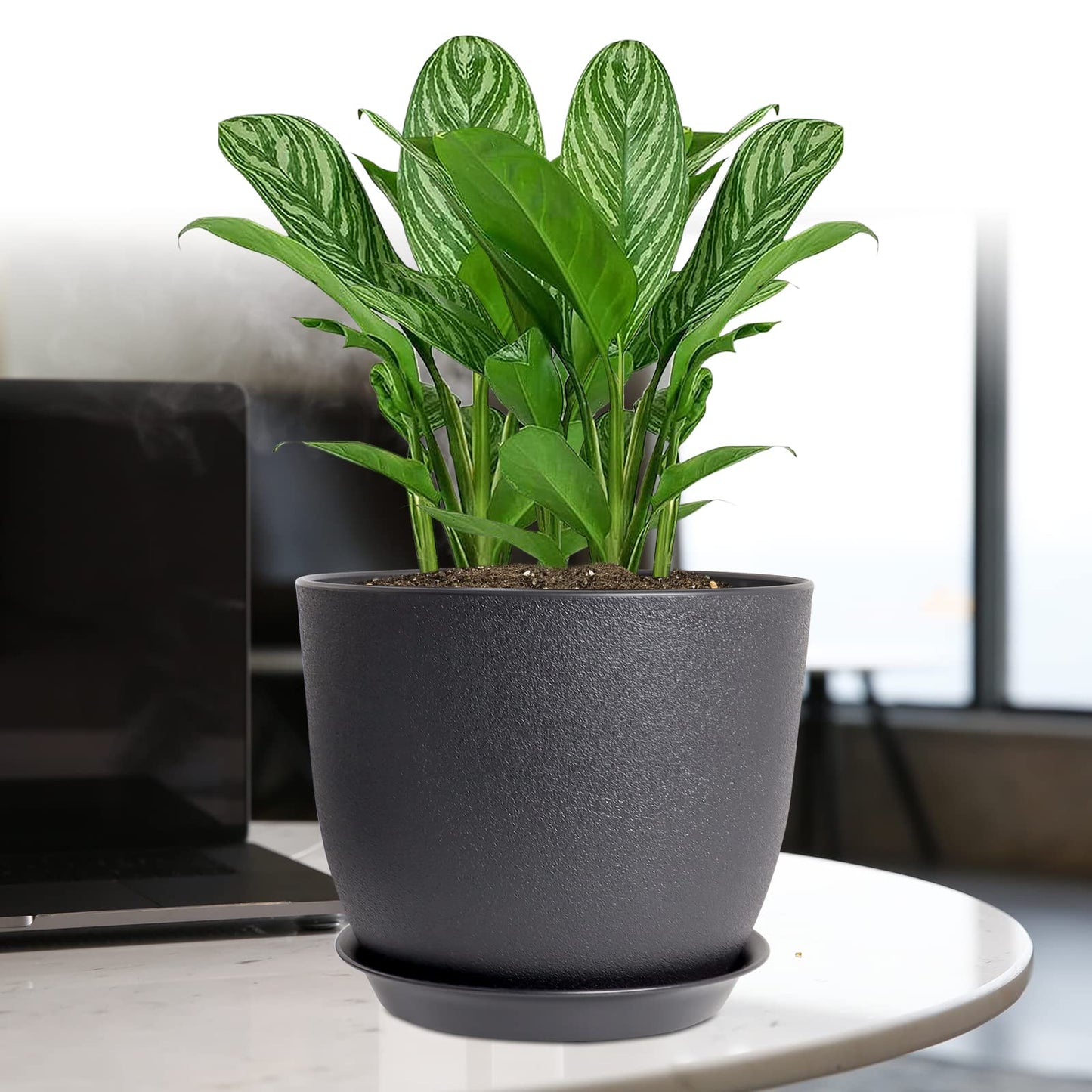 UOUZ 12/10/9 Large Modern Plant Pots, Plastic Planters with Drainage Holes and Saucers for Indoor Outdoor Plants Flowers, Black
