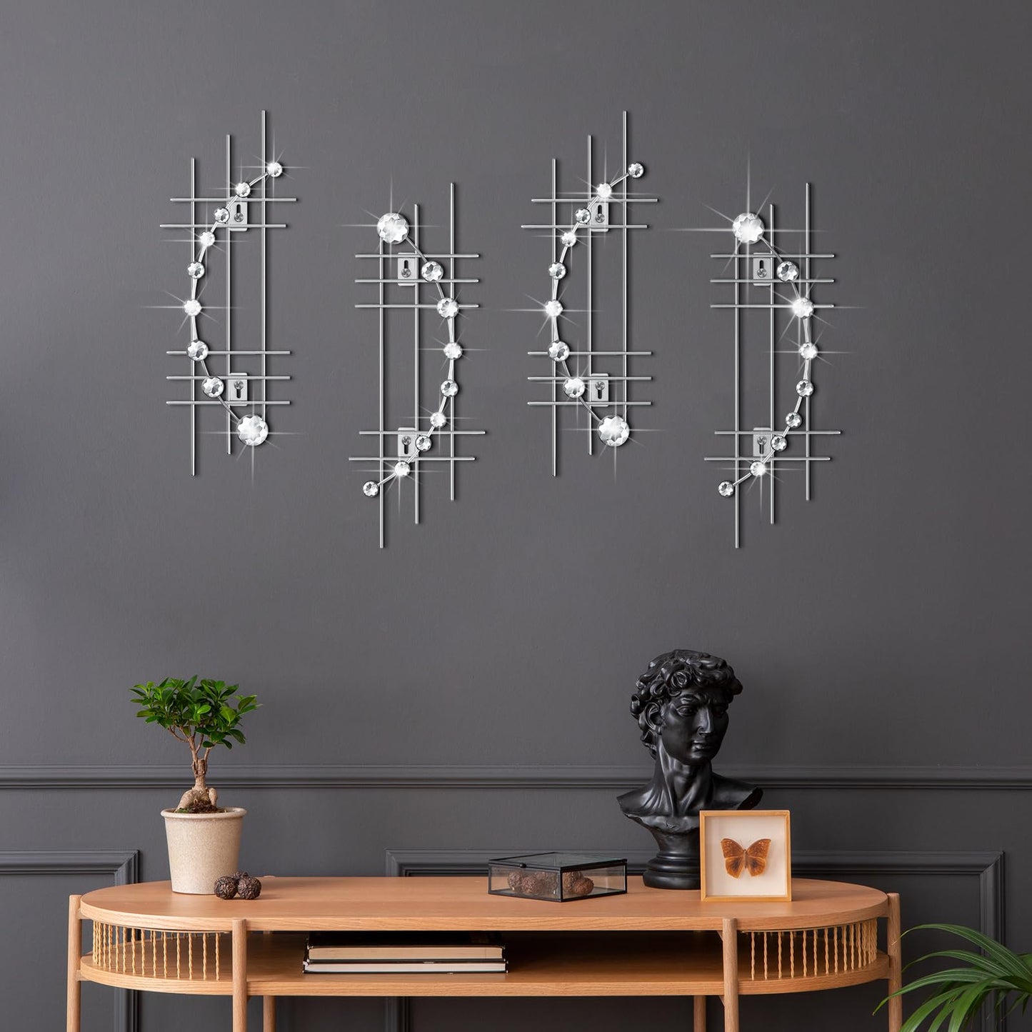 Lingvee 4 Pcs Sliver Metal Rhinestones Wall Decor 3D Silver Jeweled Art Bling Crystal Home Decorative Metal Wall Art for Living Room