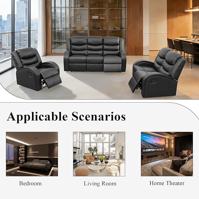 3-Piece Couch Living Room Furniture Sets, Sectional Recliner Sofa Set, Leather