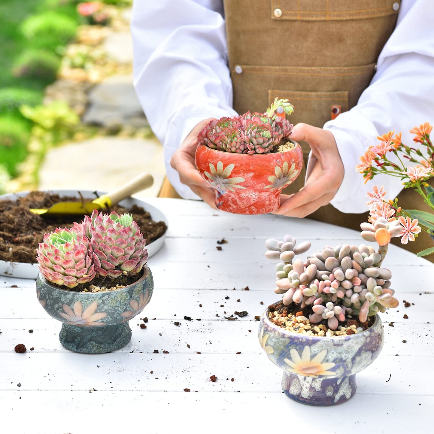 Sungmor Small Succulent Planters Set of 3, Beautiful Hand Crafted Ceramic Plant Pots Cute Cactus Pot, 4.9 Inch Flower Pots for Indoor Plants with Drainage, Desktop Windowsill Home Office Decor Pots