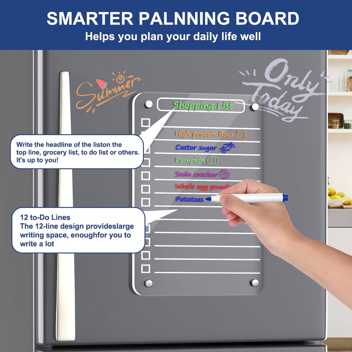 2 Pcs Acrylic Magnetic Dry Erase Board for Fridge, 12"X8" Clear Magnetic to Do List White Board, Acrylic Dry Erase to Do List for Refrigerator, Magnet Whiteboard with 6 Markers