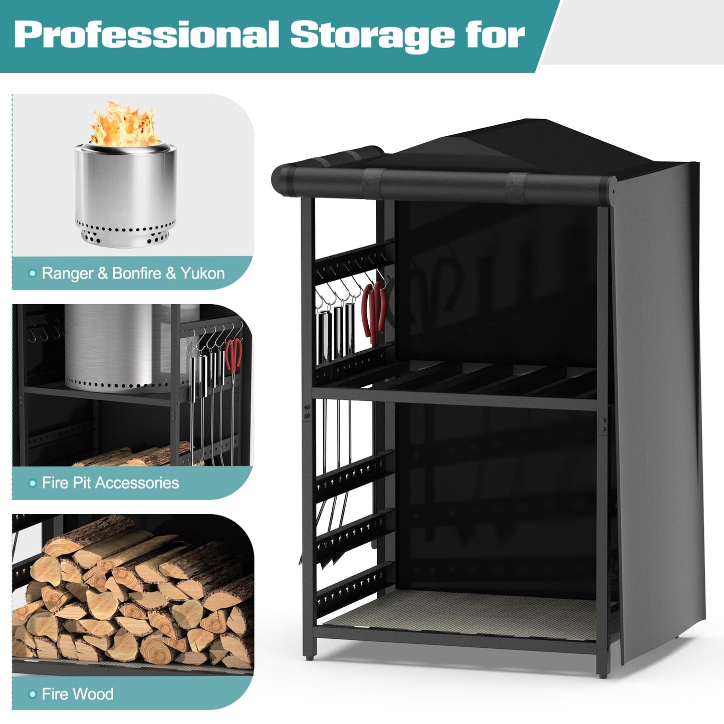 Bknius Storage Station for Solo Stove Bonfire 2.0, Yukon, Ranger, Storage for Fire Pit Tools and Accessories, Firewood Rack Outdoor with Waterproof Cover, Iron Black