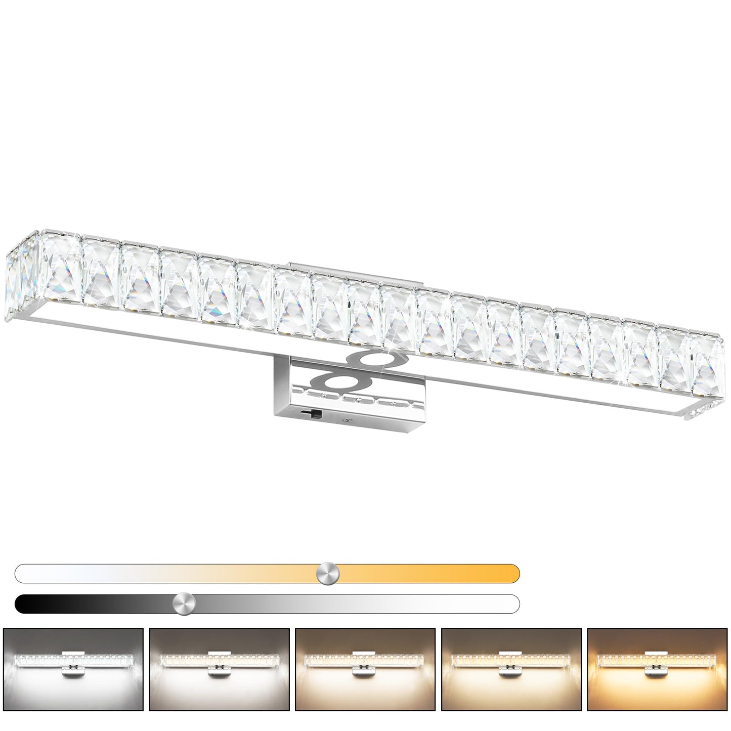 SOLFART Crystal Bathroom Lighting Fixtures Over Mirror, 24 Inch Chrome LED Vanity Light, 5 Color Adjustable 5CCT