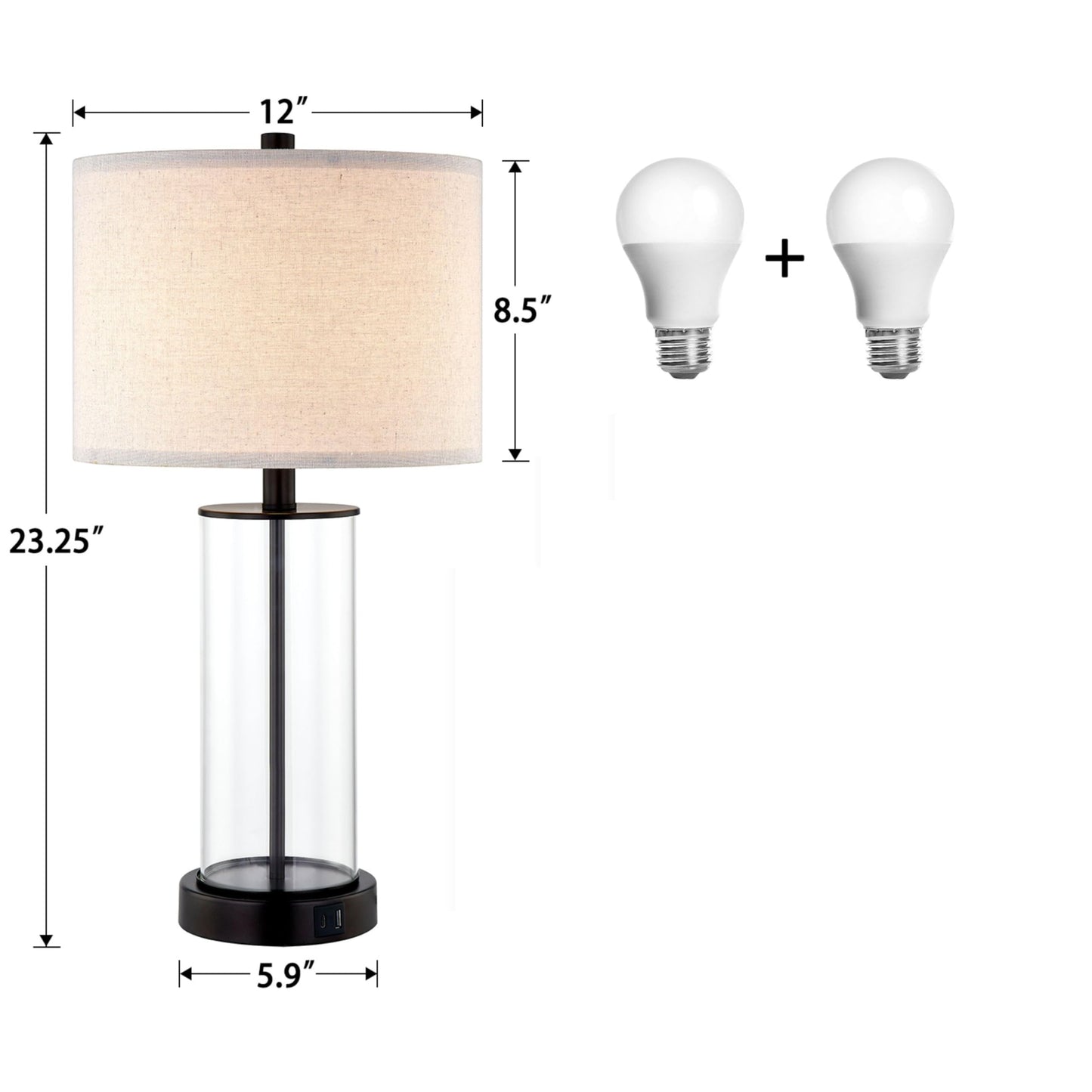 Kyrid 23.5'' Glass Table Lamp Set of 2 for Living Room with USB Ports and AC Outlets(Bulbs Included)
