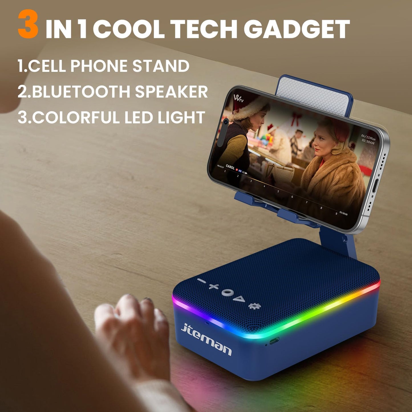 JTEMAN Gifts for Men Women,Cell Phone Stand with Bluetooth Speaker,LED Light,and Lanyard,Cool Tech Gadgets,Unique Birthday Gifts for Men Husband Mom Dad-Blue