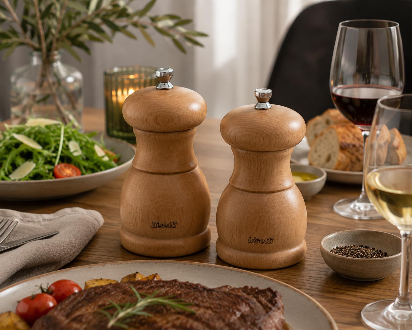 Bisetti Portofino Natural Beechwood Salt Mill With Adjustable Ceramic Grinder, 11.5cm / 4.5 Inch, Made in Italy