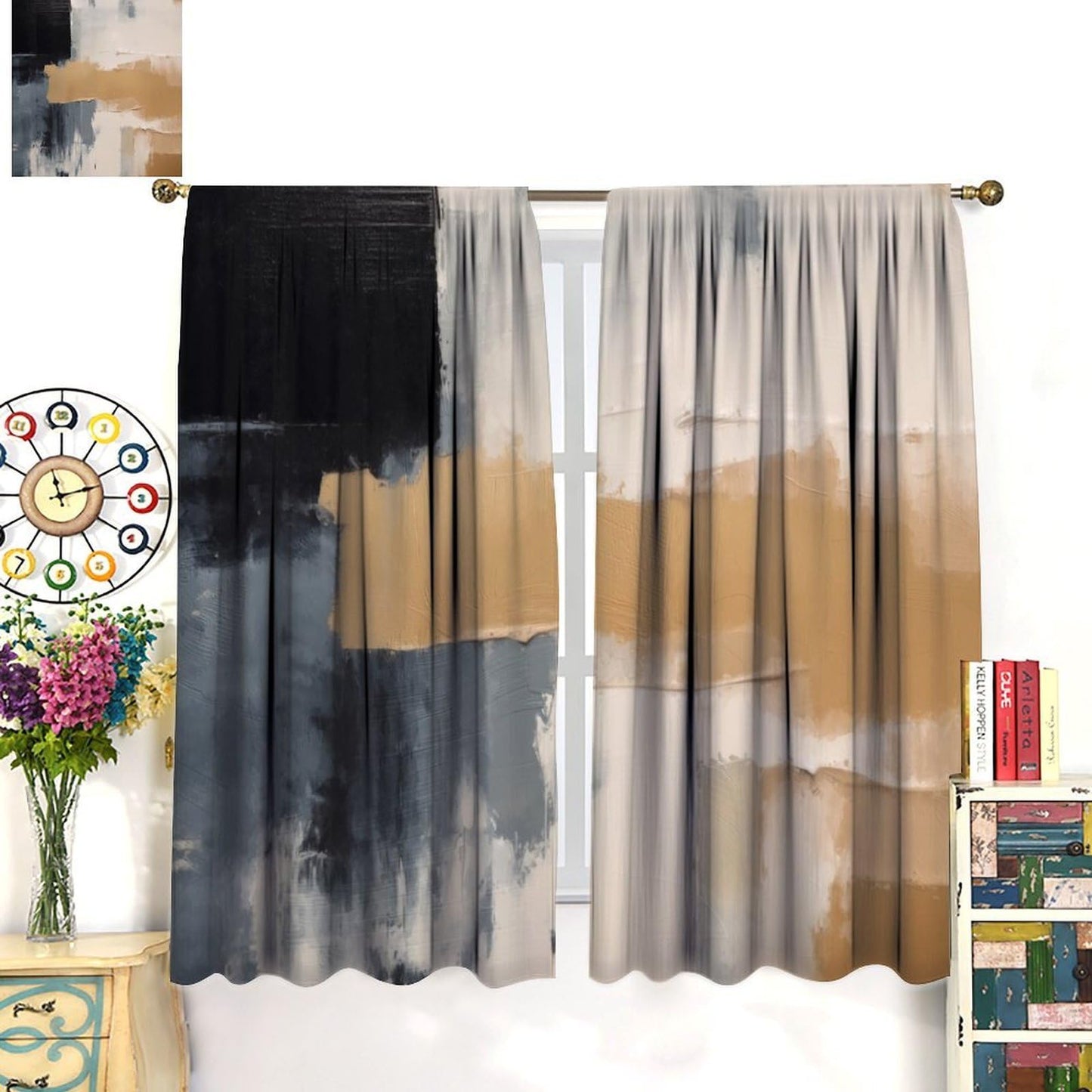 Abstract Black Beige Gray Curtains, Rod Pocket Taupe Tan Neutral Art Painting Modern Window Drapes for Living Room Bedroom, 20.5" W x 44.5" L, 2 Panels (No Blackout)