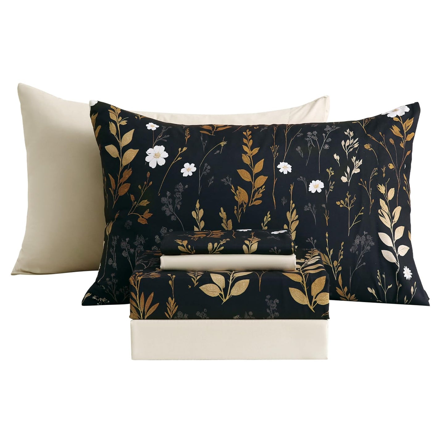 Botanical 6-Piece King Size Sheets Set, Boho Floral Print Brushed Microfiber Sheets, Cooling Bed Sheet Set, Ultra Soft & Breathable, 16' Deep Pocket Fitted Sheet & Pillowcase Set, Beige Brown Leaves