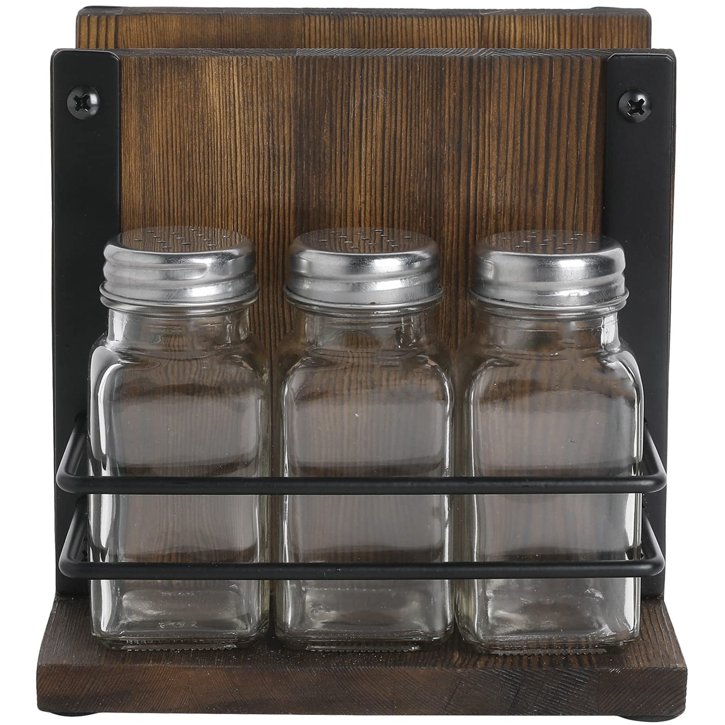 MyGift Napkin Holder with Salt and Pepper Shakers Set, Wood Tabletop Napkin Dispenser with Condiment Organizer and 3 Glass Shakers, Rustic Kitchen Décor