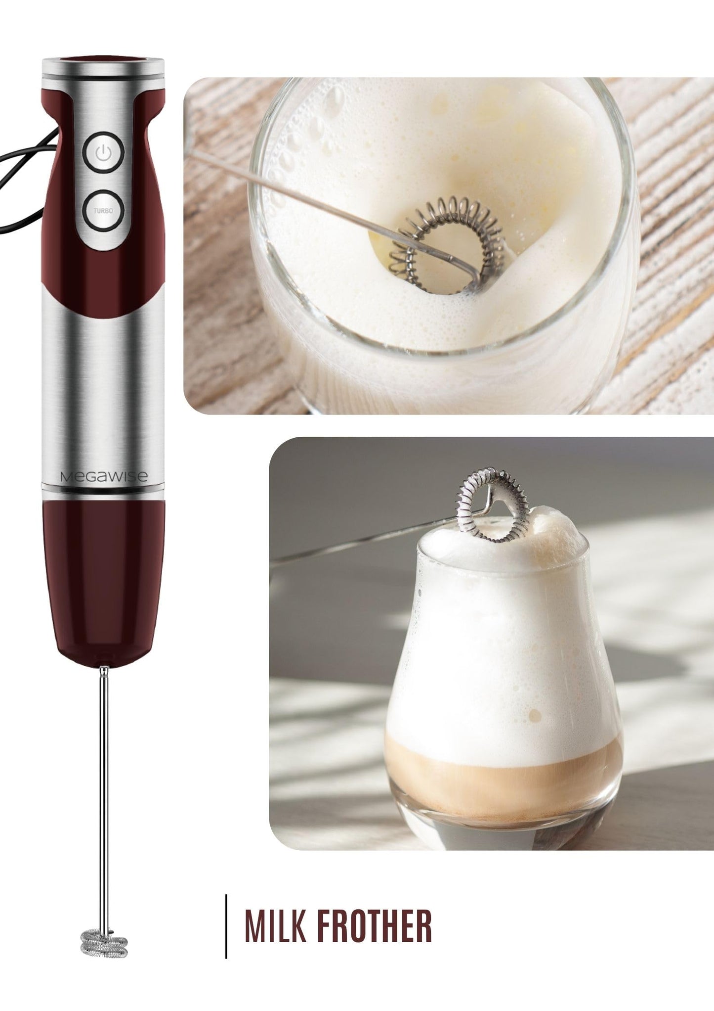 MegaWise Pro Titanium Reinforced 3-in-1 Immersion Corded Hand Blender, Powerful MOTOR with 80% Sharper Blades, 12-Speed Corded Blender, IncludingWhisk and Milk Frother (3-in 1 Red)