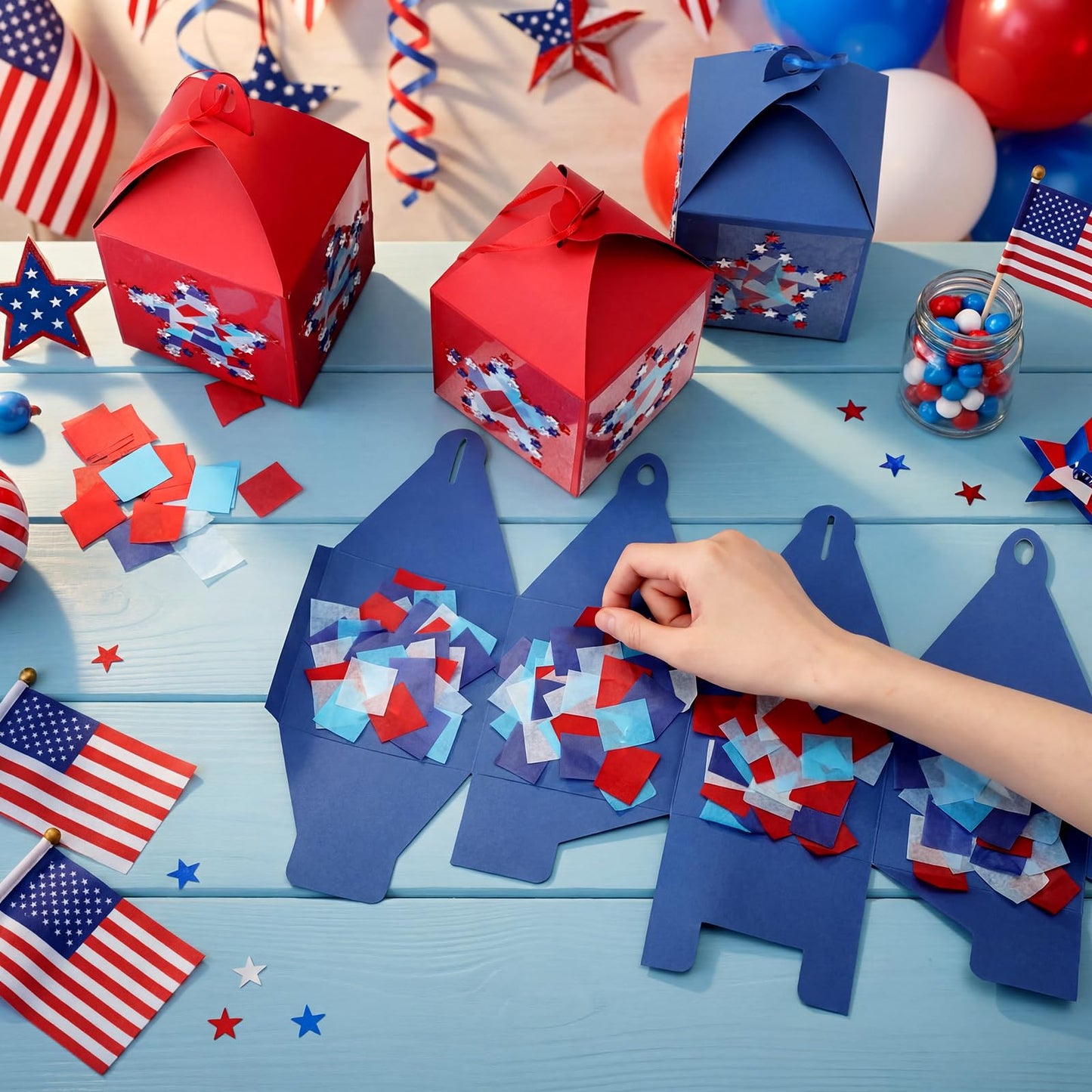 Maitys 16 Sets 4th of July Patriotic Hanging Paper Lantern Craft Kit, 250th Anniversary Red Blue DIY Lantern Ornaments with Stars Design for Independence Day Home Party Decorations