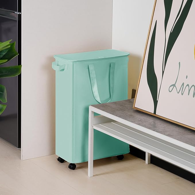 Slim Laundry Hamper with Lid and Wheels, Small Rolling Laundry Basket with