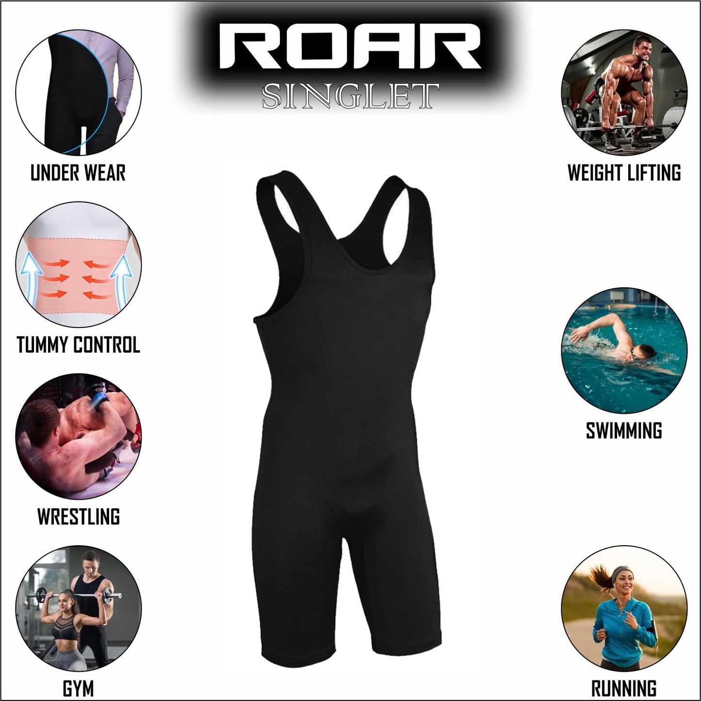 Roar Athletic Men's Wrestling Singlet Suit Bodywear Uniform for Men and Youth, Powerlifting and Exercise Equipment (Black, Adult Medium)