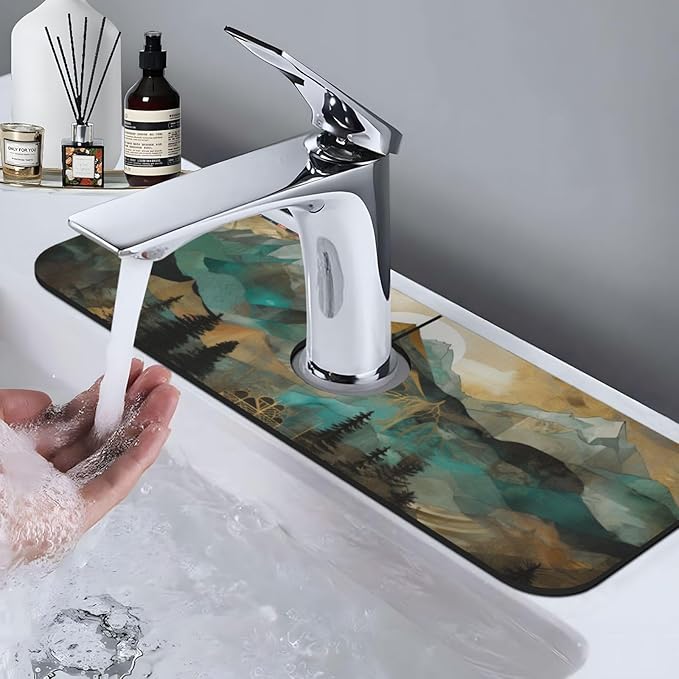 Kitchen Sink Splash Guard Faucet Mat Mountains Trees Landscape Sunrise 15"x5.5"