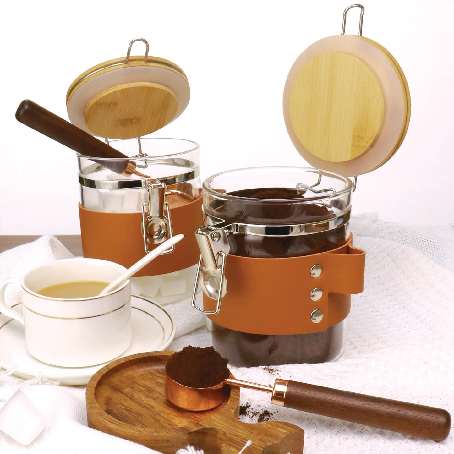 Matifaner Glass Storage Jars with Spoon, Kitchen Food Storage jars with spoon, Glass Coffee Nuts Canister with Bamboo Lids, Scoop for Beans, Ground Coffee,Nuts, Cookie, Flour (27OZ×2)