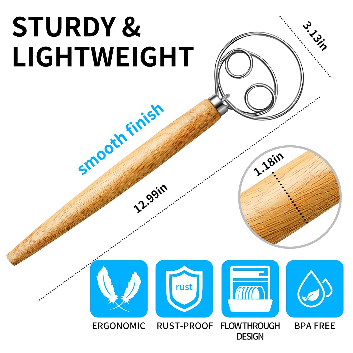 TEEVEA Danish Dough Whisk Stainless Steel Dough Hook Dutch Whisk for Sourdough Bread Dough Mixer Hand Wooden Handle Kitchen Whisking Mixing Tool Bread Making Tools and Supplies