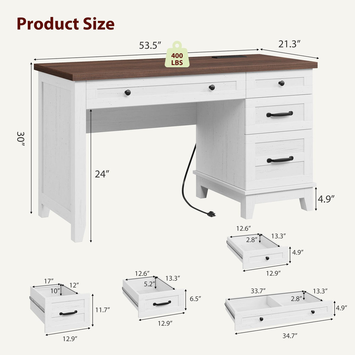 GarveeHome Executive Desk with Drawers, Farmhouse Home Office Desk with Charging Station, 53.54 in Wooden Computer Desk with File Cabinet Storage for Work Study Writing,White Walunt