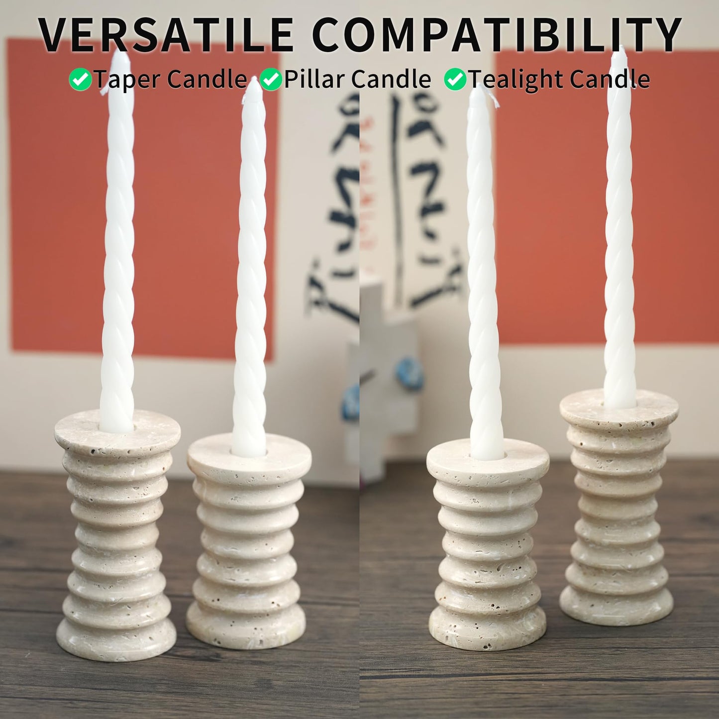LWALMS Travertine Marble Candlestick Holders - Set of 2 Stone Candle Sticks Holder Decor, Decorative Modern Candle Stands Multi-Purpose for Taper/Pillar/Tealight/Scented Candles