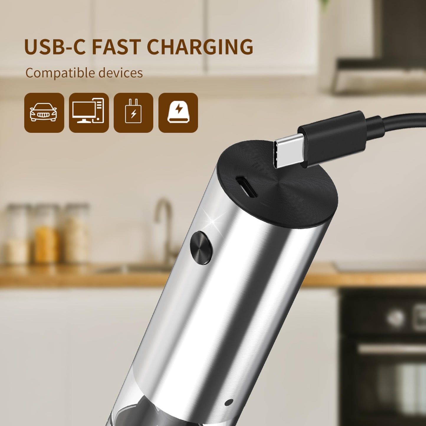Mini Electric Salt and Pepper Grinder Stainless steel, USB Rechargeable, Small Automatic Salt Pepper Mill Grinder, Travel/Outdoor BBQ/Children, One-Button Control,External Adjustable Coarseness