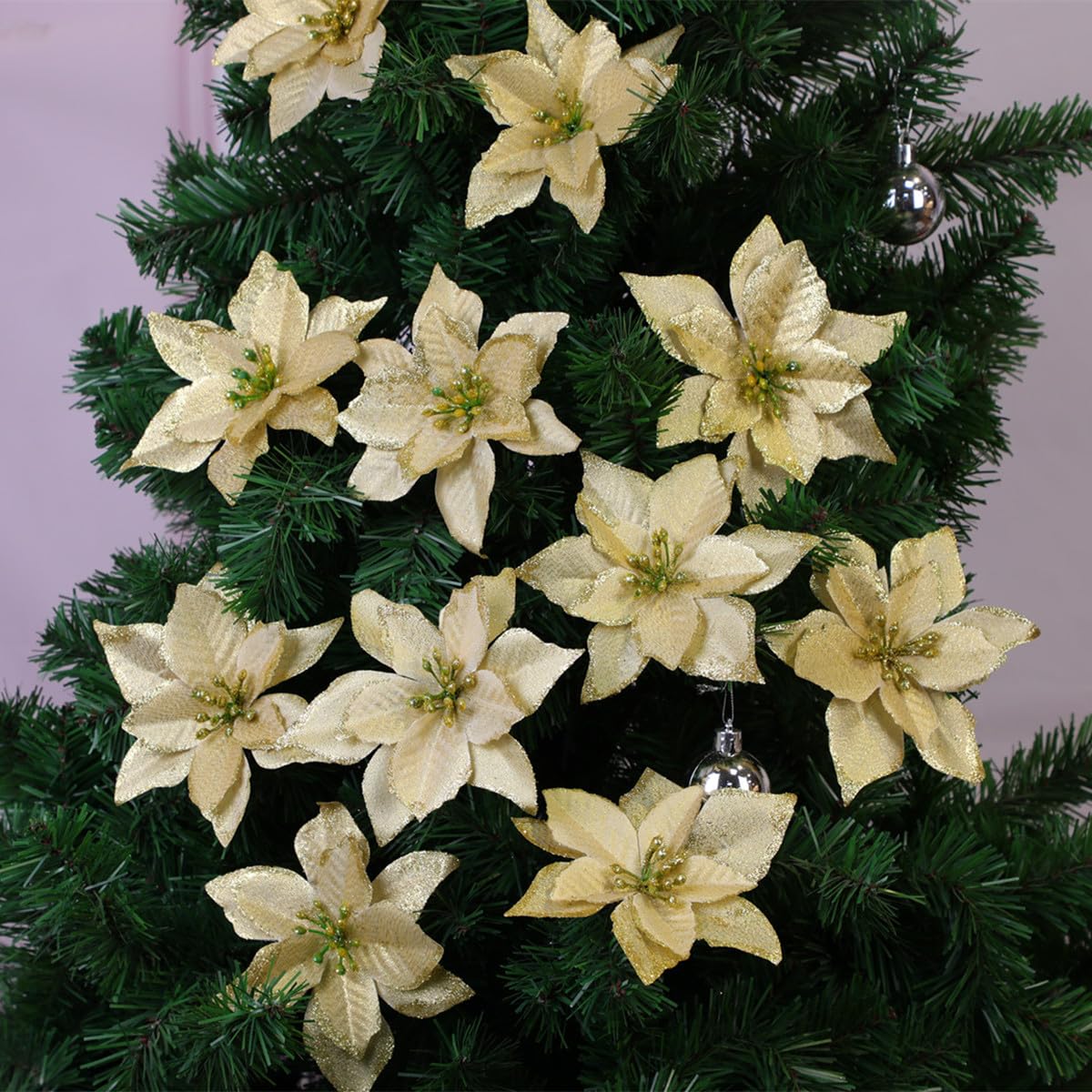 KEPATO Christmas Glitter Poinsettia Christmas Tree Ornaments Pack of 12 (Gold)
