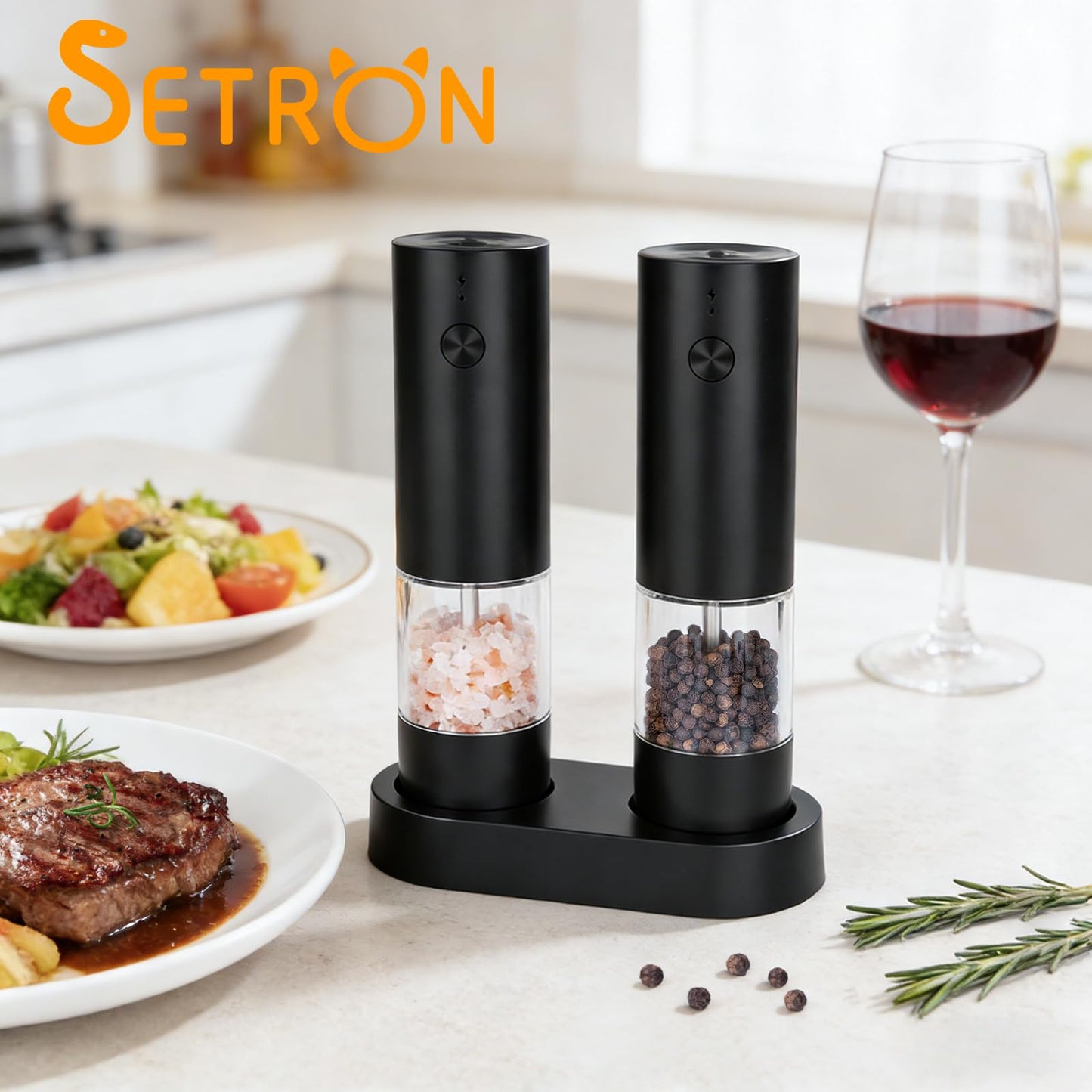 Electric Salt and Pepper Grinder Set, Rechargeable Automatic Grinders with Charging Base, Adjustable Coarseness, One-Hand Operation, Refillable Ceramic Spice Mills for Salt, Pepper and Dry Seasonings
