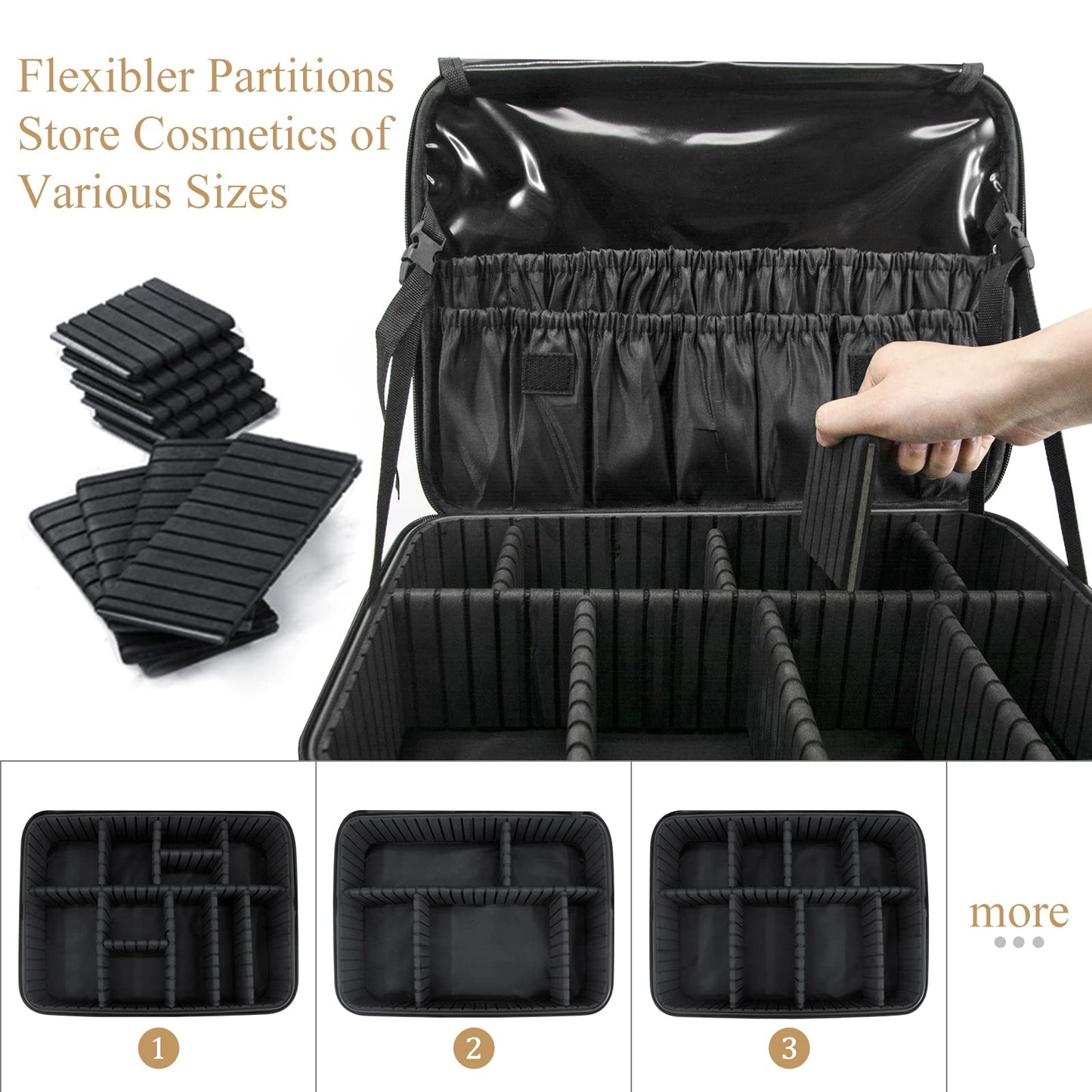 Makeup Bag Make up Case: Large Travel Cosmetic Case Organiser - Professional Portable Makeup Storage Bags for Toiletry - Make Up Artist Tool Brush Vanity Beauty Box with Adjustable Dividers | Black