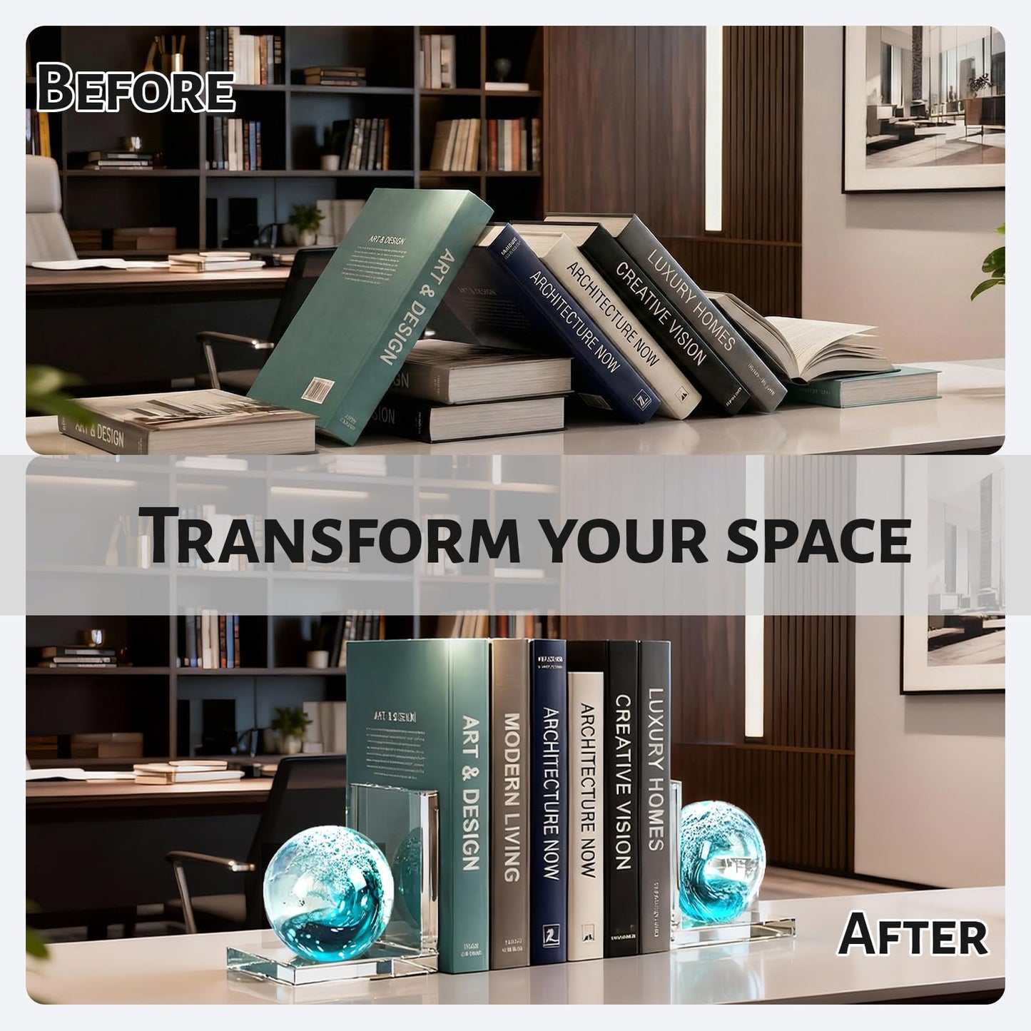 Glass Book Ends Set of 2, L-Shaped Bookends with Sea Wave Ball Design β Non Skid Heavy Duty Decorative Book Stopper for Shelves, Desk, and Home Office