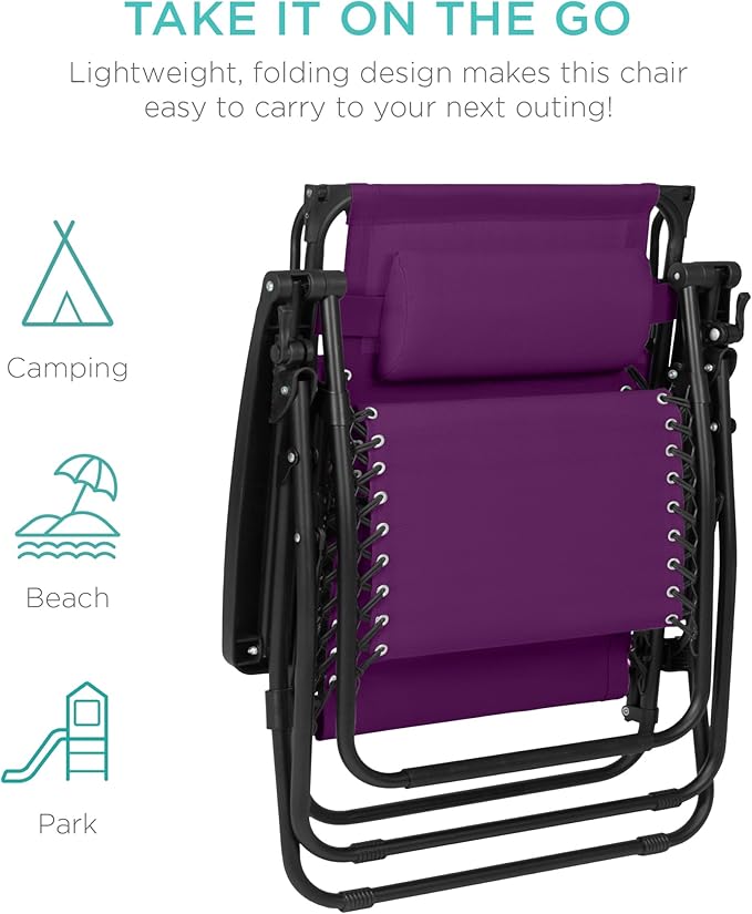Best Choice Products 30” Wide Folding Zero Gravity Outdoor Recliner Patio Lounge Chair w/Adjustable Canopy Shade, Headrest, Side Accessory Tray - Amethyst Purple