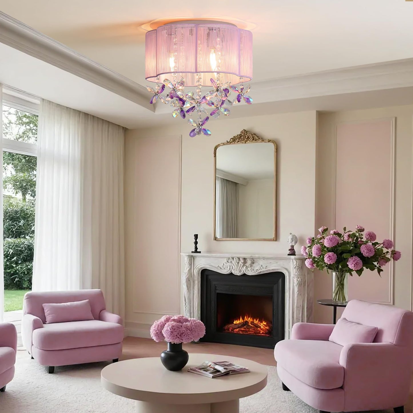 3 Light Bedroom Chandelier Ceiling Light Pink Lamp 13" Small Crystal Mini Chandelier Flush Mount Ceiling Light with Handmade Flower Lampshade for Girls' Bedroom,Closet,Nursery,Dinning Room Purple