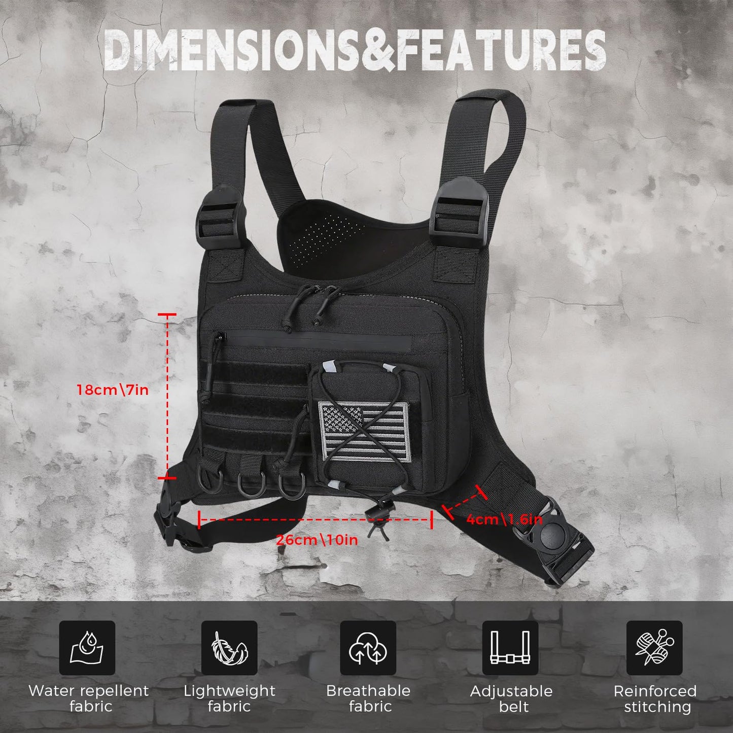 Outdoor Sports Chest Bag for Men, Chest Vest Holster Fits Most Pistols, Adjustable EDC Travel Chest Pack for Running, Hiking, Workouts (Black)