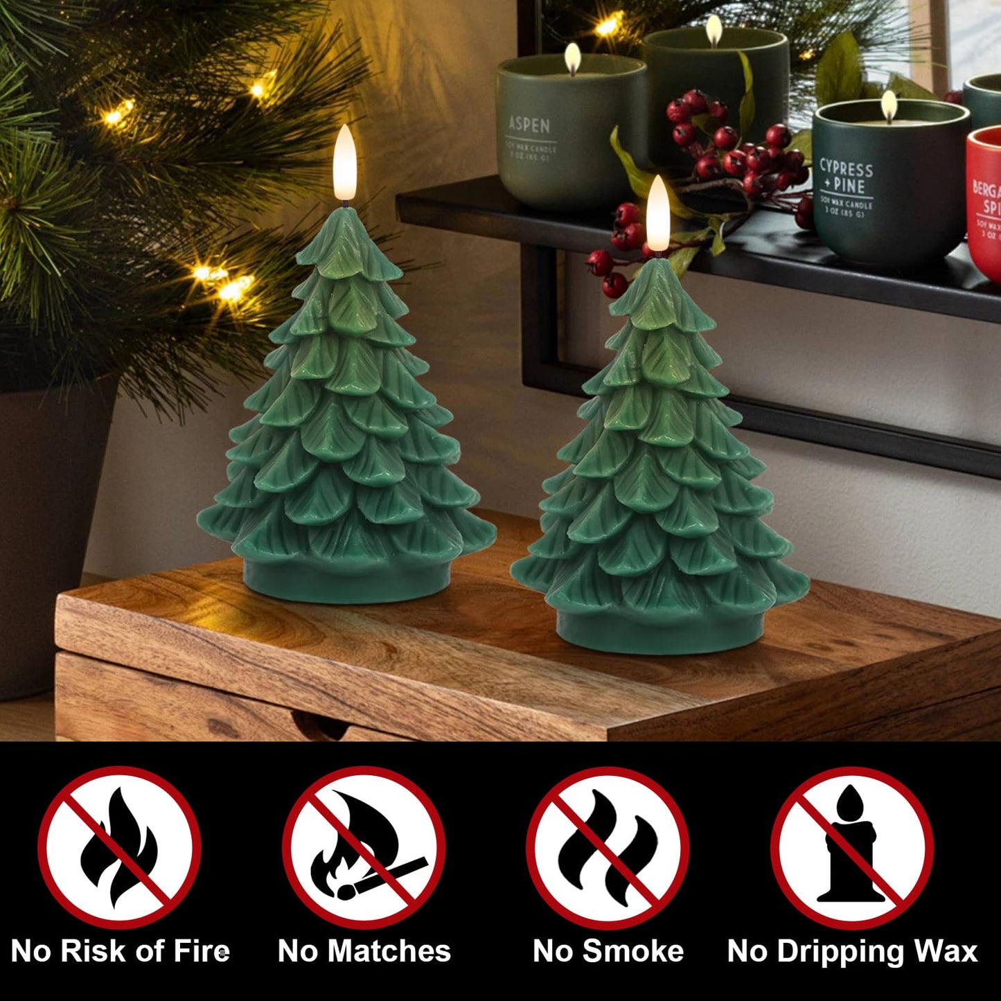 Eldnacele Christmas Tree Flameless Candle with 6 Hour Timer, Battery Operated Real Wax 3D Wick Flickering Pillar Green LED Candles Xmas Eve Holiday Decor (2Pcs,2.76"×5.9")