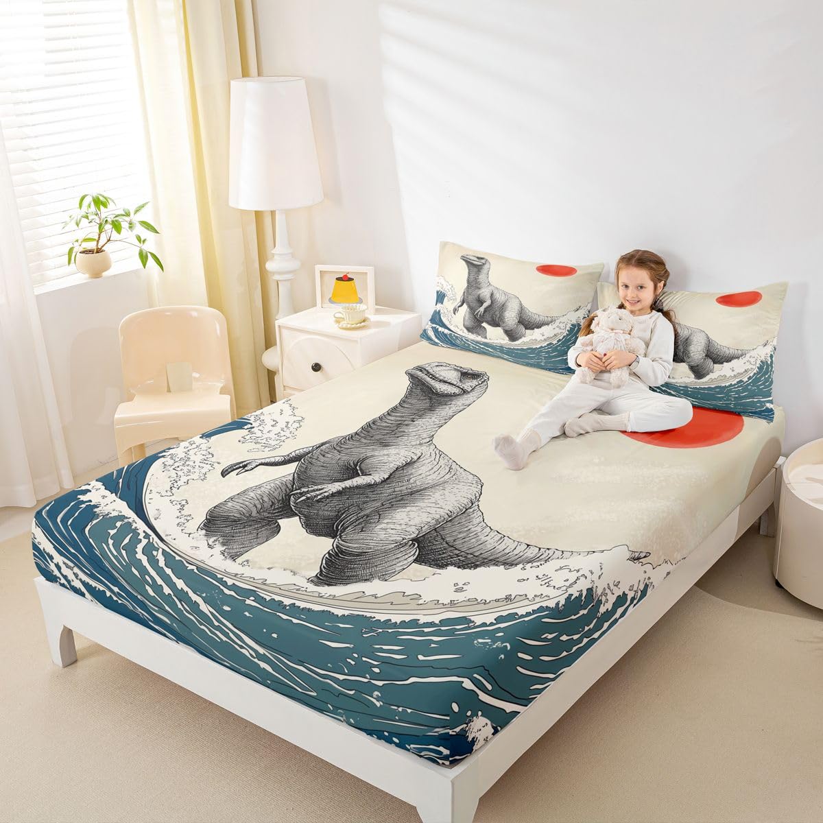 Feelyou Dinosaur Monster Bedding Sheets Full Japanese Ukiyoe Theme Bed Sheet Set for Adult Kids Cool Animal Fitted Sheet Asian Anime Bed Cover 3Pcs,1 Fitted Sheet+2 Pillow Sham(No Flat Sheet)