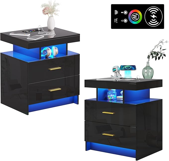 WOOVIVS Night Stand Set 2 with USB/Type-C/Wireless Charging Station, Blakc