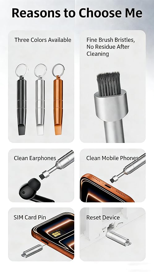 2PCs 3-in-1 Cleaning Brush Mobile Phone Card pin Keychain sim Battery