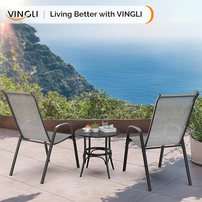 VINGLI Patio Chairs Set of 4 – Stackable Outdoor Dining Chairs with Comfortable Sling High Back Chairs and Armrests for Lawn, Poolside, Courtyard, Balcony, Garden, Silver Gray