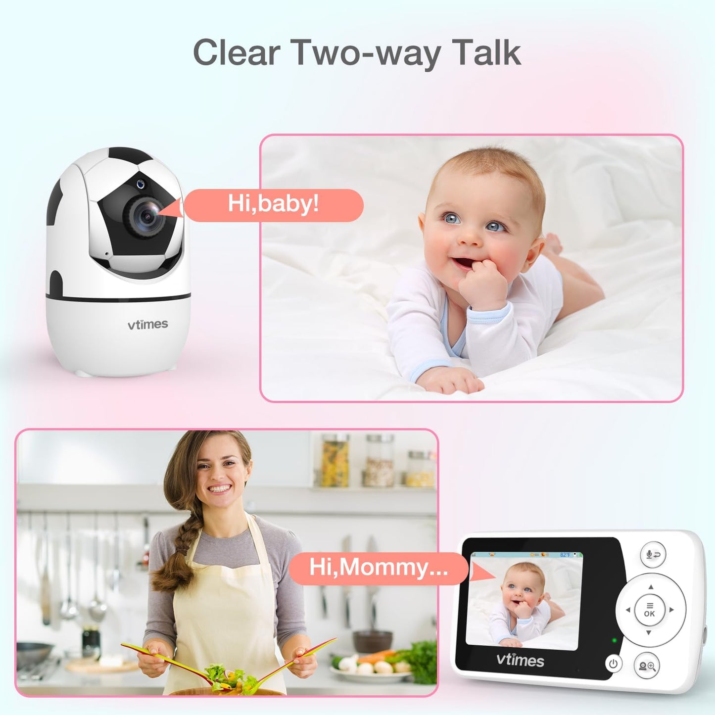 VTimes Baby Monitor with Camera and Audio, 2.4'' LCD Screen, Video Baby Monitor No WiFi Night Vision VOX Mode Pan-Tilt-Zoom Temperature Display Two-Way Audio Lullabies Feeding Alarm and 1000ft Range