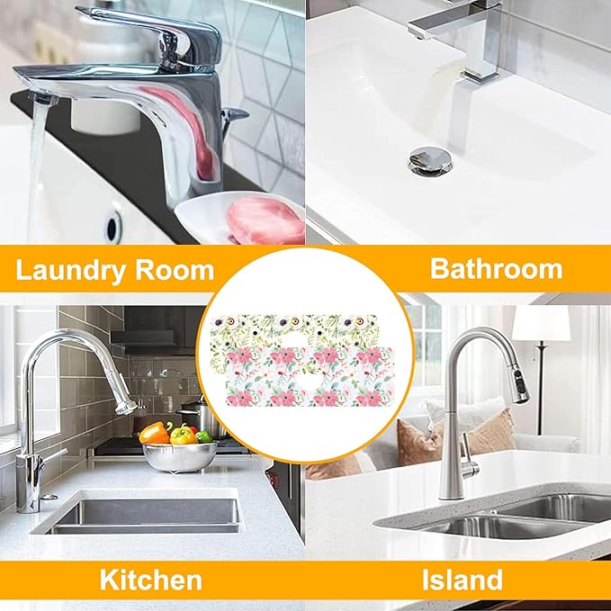 2 Pack Watercolor Floral Sink Faucet Absorbing Mat White Pink Flowers Super