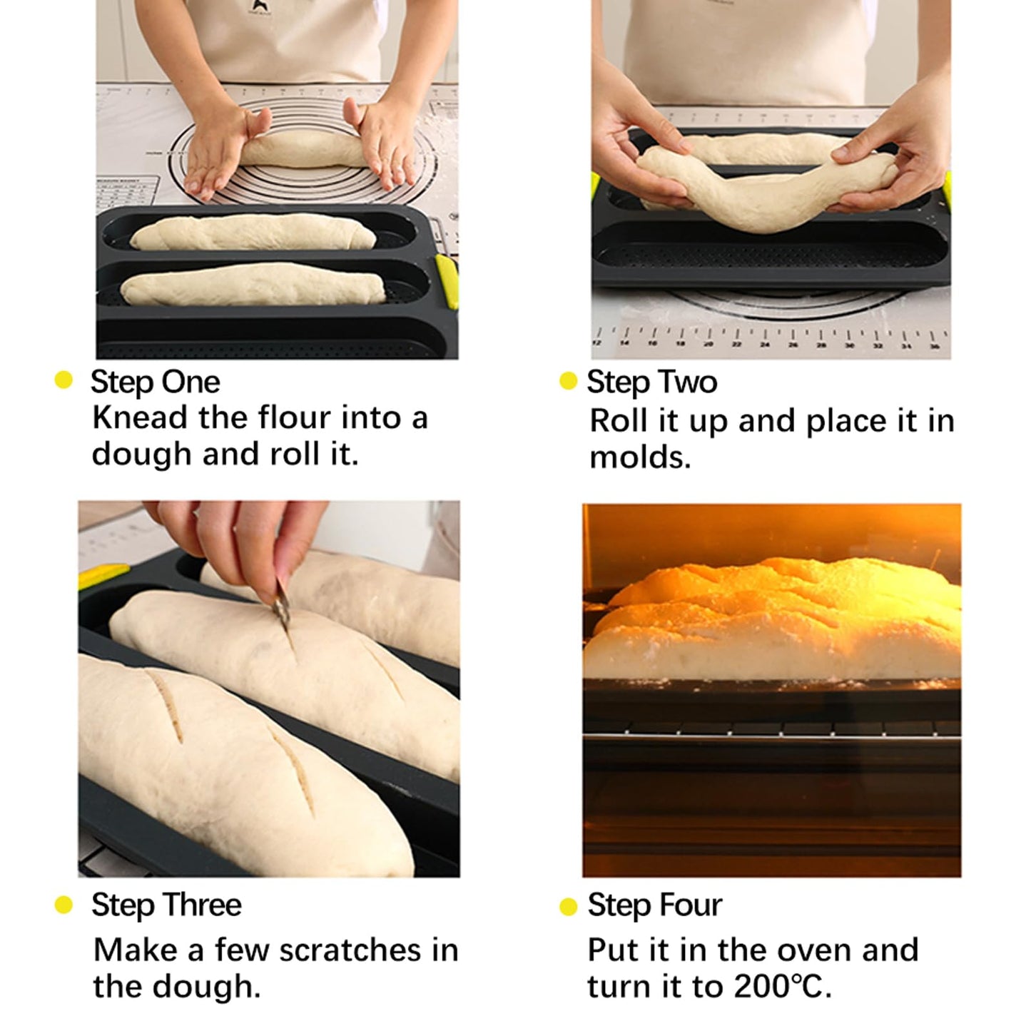 atrccs 4-cavity Silicone Bread Loaf Pan, Nonstick Sourdough Loaf Pan & Heat Resistant Baguette Bread Pan, Bread Pans for Homemade Bread, Silicone Molds for Baking Hoagie Rolls, Hot Dog Buns