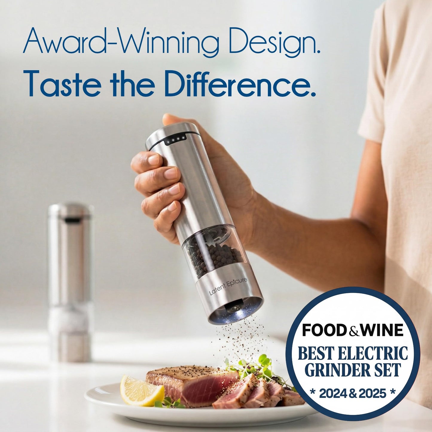 Latent Epicure Electric Salt and Pepper Grinder Set, USB-C Rechargeable Stainless Steel Mills with LED Light, Adjustable Ceramic Grinders and Acrylic Mill Rest Tray