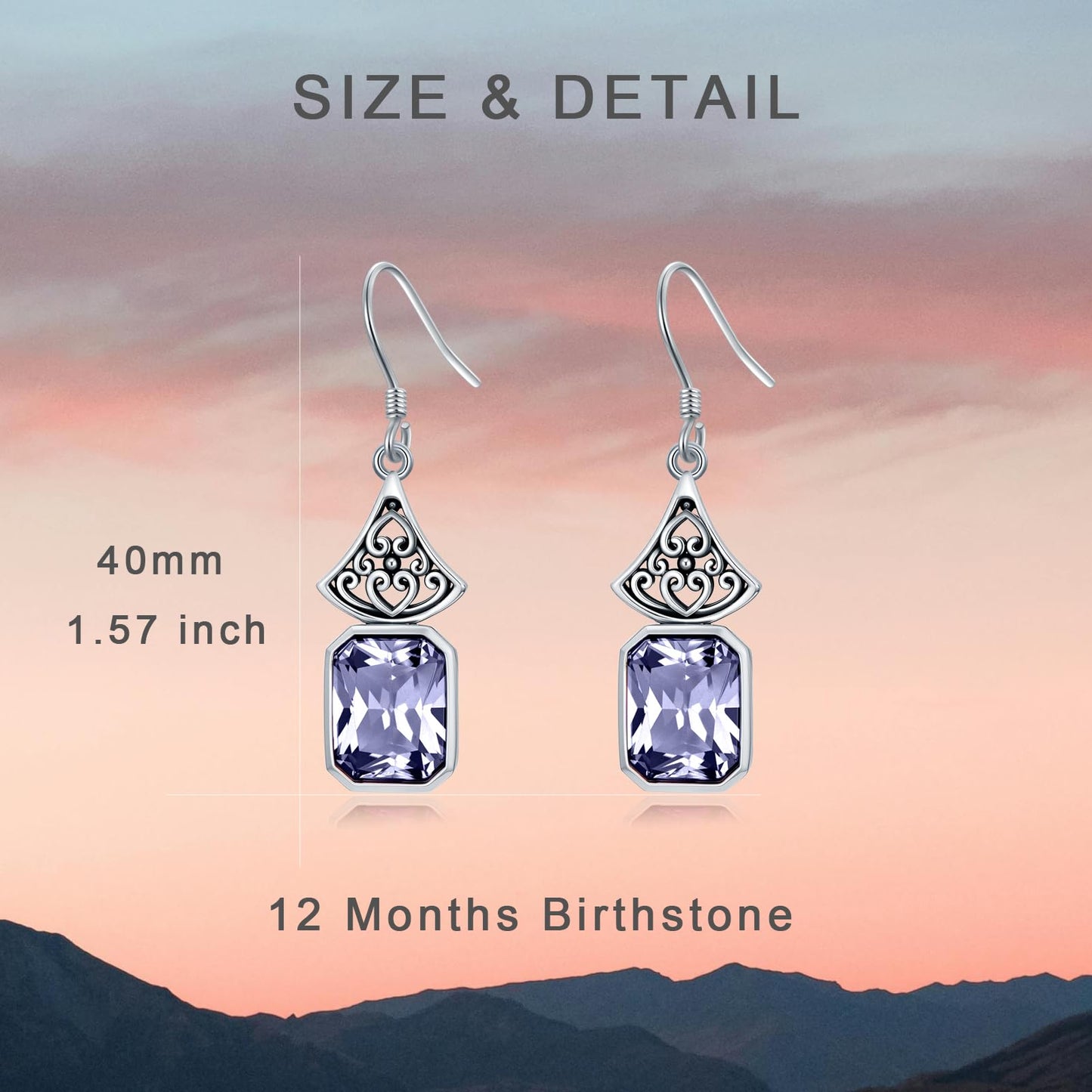 Vintage Earrings 925 Sterling Silver Oxidized Dangle Drop Earrings with Emerald Cut Violet Purple June Birthstone Anniversary Jewelry Gifts for Women