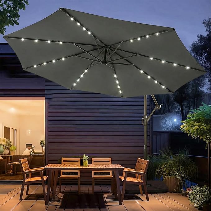 wikiwiki 10ft Solar LED Patio Umbrella with Base Included, Offset Umbrella with Weighted Sandbag Base, Cantilever Patio Umbrella for Backyard, Garden & Deck, 32 LED Lights & Polyester Shade, Dark Gray