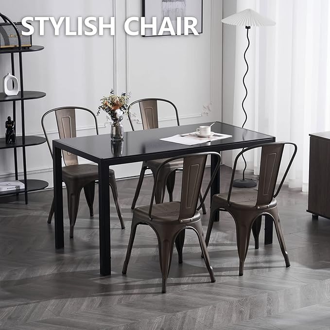 Nazhura Metal Dining Chair Farmhouse Tolix Style for Kitchen Dining Room Café Restaurant Bistro Patio, 18 Inch, Stackable, Waterproof Indoor/Outdoor (Sets of 4) (Steel Seat, Bronze)