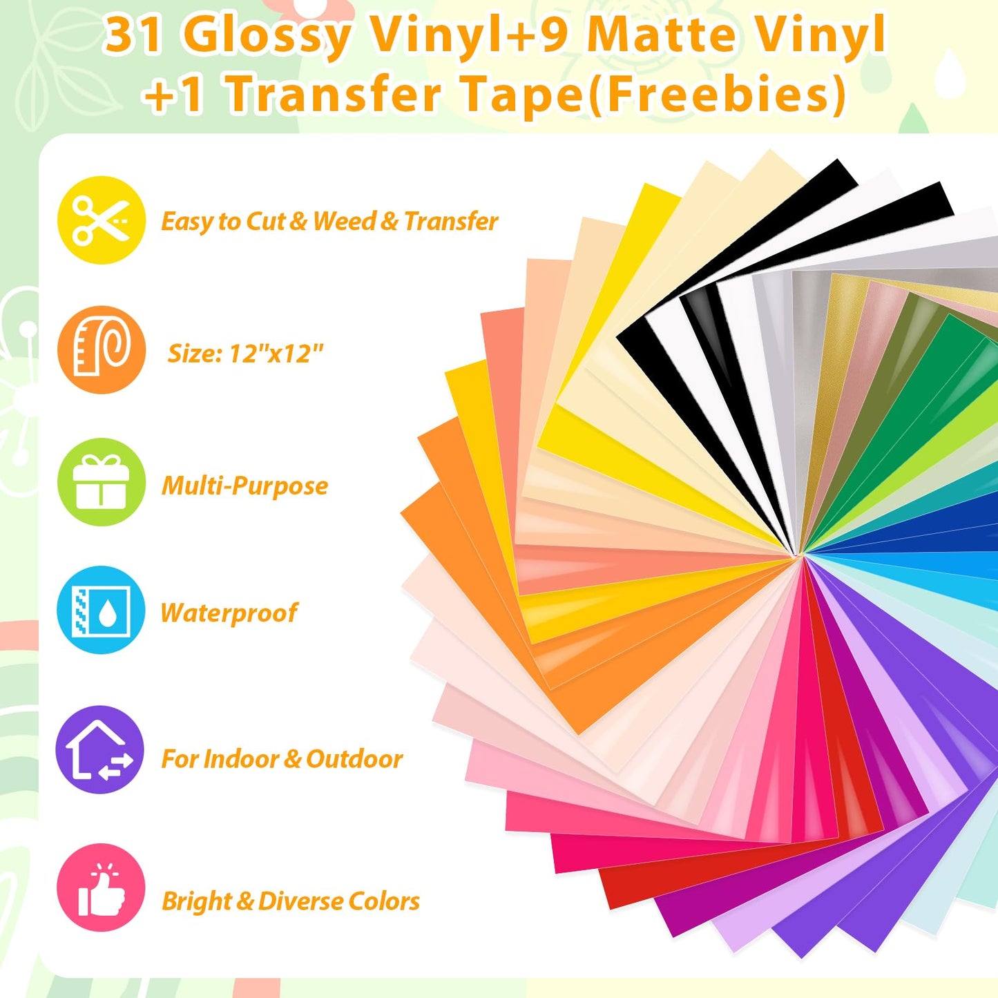 VINYL FROG Permanent Adhesive Vinyl Bundle 40 Pack Adhesive Vinyl Sheets 12''x12'' Permanent Vinyl for Cups, Decals, DIY Craft Projects