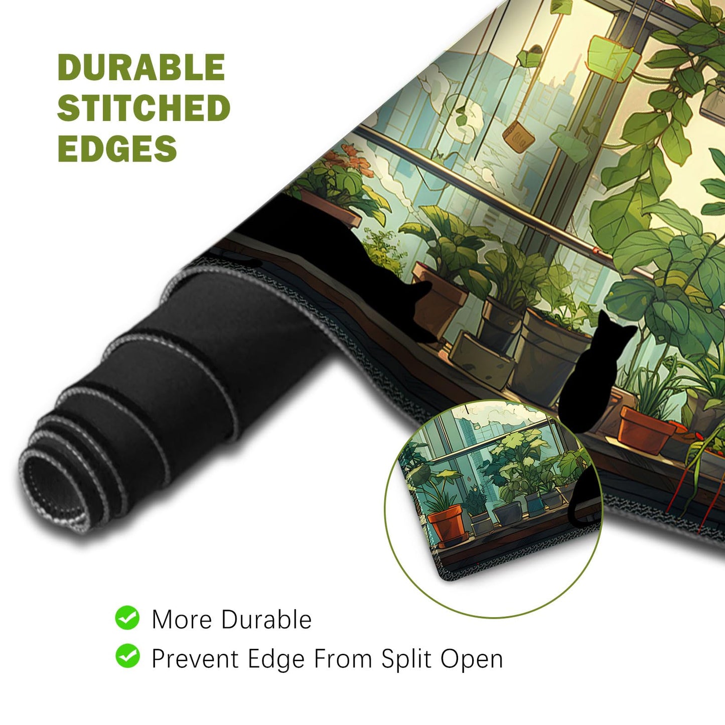 ToLuLu Extended Gaming Mouse Pad, Memory Foam Ergonomic Keyboard Mouse Wrist Rest Support Set, Large Desk Mat with Stitched Edges, Non-Slip Base Mousepad Home Office, Cute Green Japanese Kawaii Cat