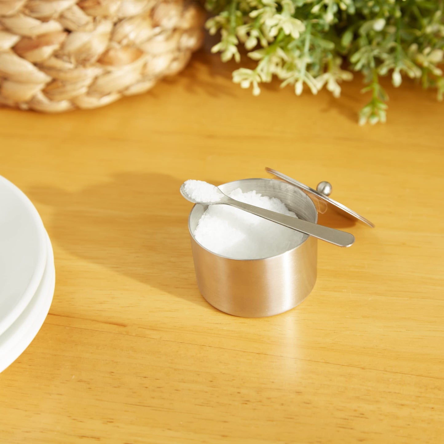 RSVP International Endurance Kitchen Collection Salt Cellar Set with Spoon, 2-Ounce, Brushed Stainless Steel