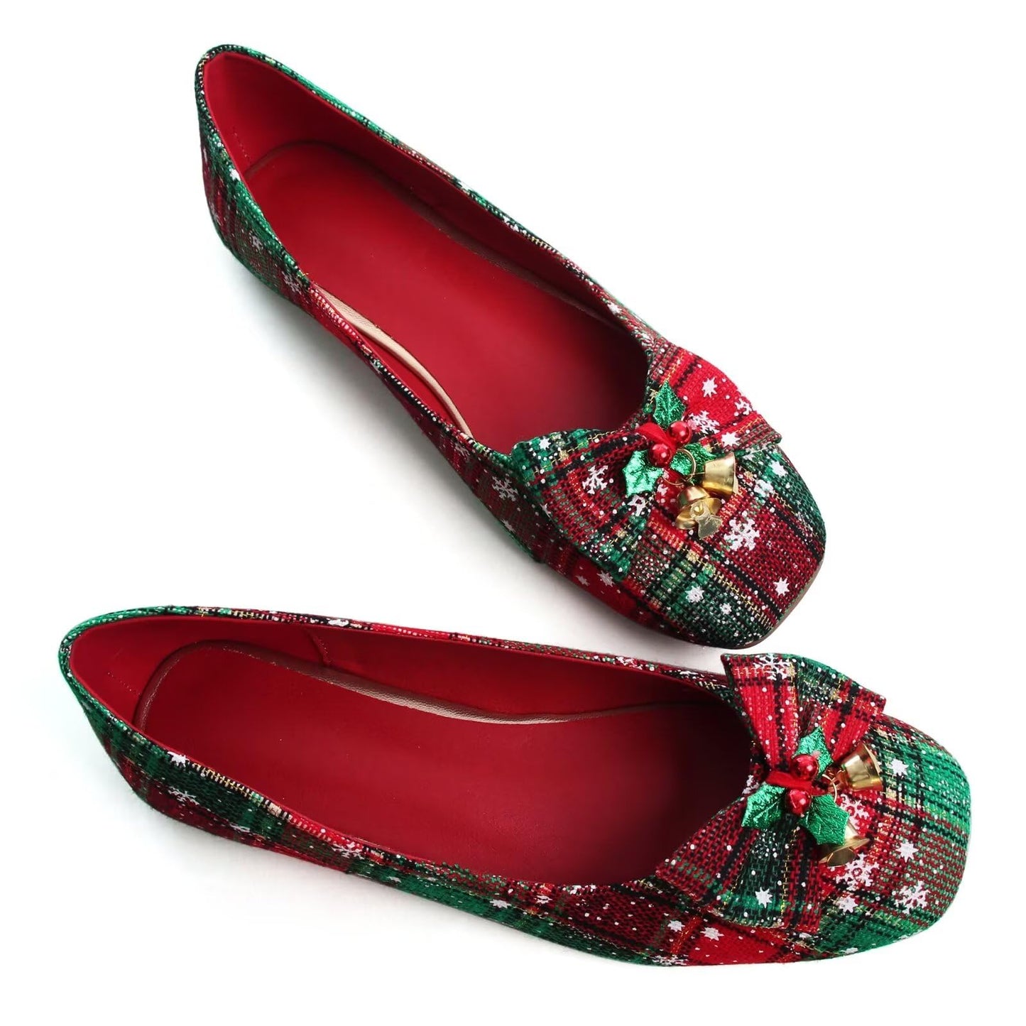 WENJIAZHIZHI Womens Ballet Flats Comfortable Square Toe Slip Ons Casual Bell Loafers Walking Flats Dress Shoes for Christmas Red 39(8)
