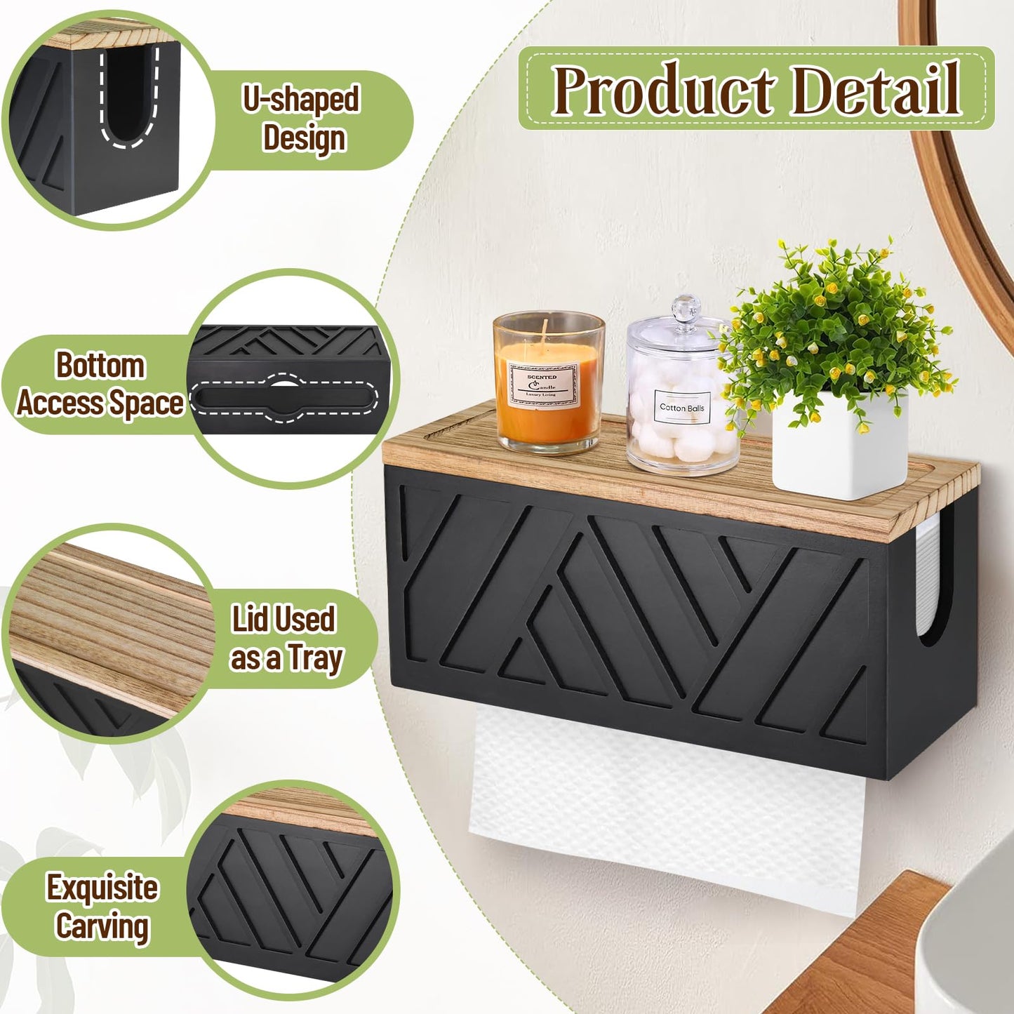 Set of 2 Paper Towel Dispenser Wall Mount, Paper Towel Holder Wall Mounted with Lid, Solid Wood Commercial C-Fold, Z-Fold, Trifold Hand Paper Towel Holder Hand Towel Holder for Bathroom Kitchen Decor