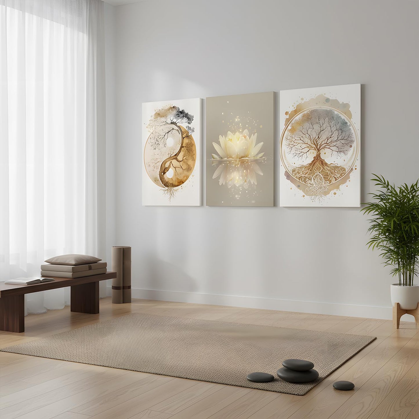 Tree of Life Wall Art Canvas Framed Set of 3 Lotus Zen Wall Decor Painting Poster Abstract YinYang Fall Art Picture Print Artwork for Living Room Yoga Room Bedroom Home Decoration 12x16 inch