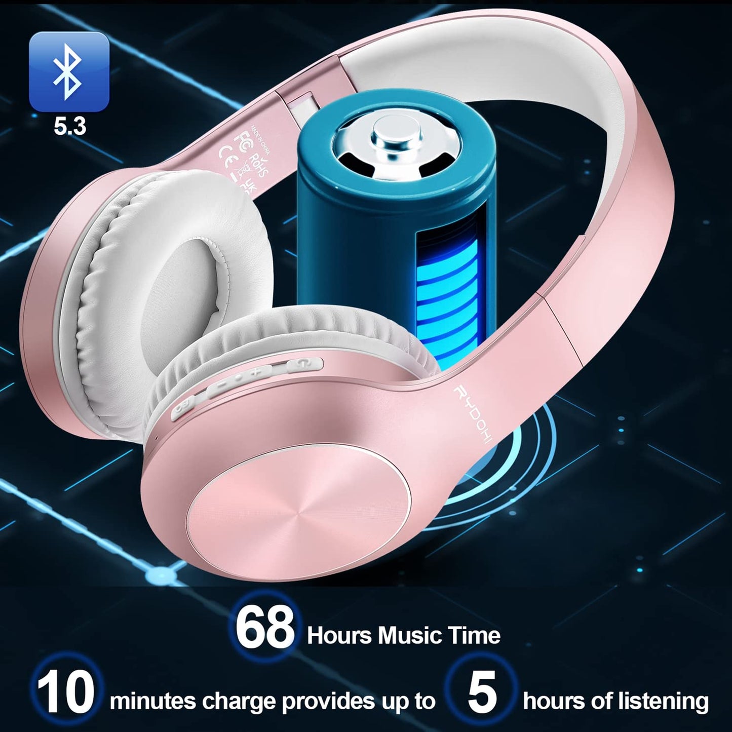 Rydohi Wireless Bluetooth Headphones Over Ear 68H Playtime HiFi Stereo Headset with Microphone and 3EQ Modes Foldable Bluetooth V5.3 Headphones for Travel Smartphone Computer Laptop
