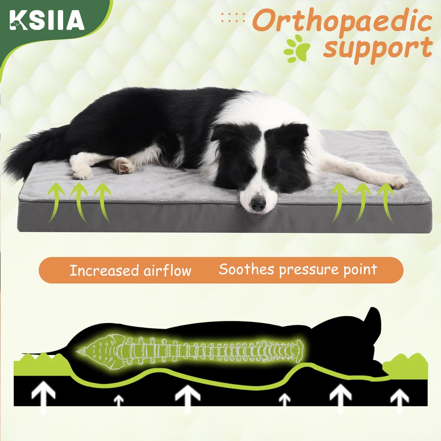KSIIA Dog Beds Large Washable, Orthopedic Dog Crate Beds with Waterproof Removable Cover, Flat Mattress Non skid Bottom, Pet Beds for Dogs, Grey, 88x55x7cm